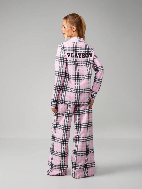 Missguided X Playboy Pink Plaid Long Sleeve Pajama Set