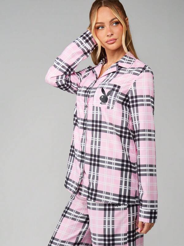 Missguided X Playboy Pink Plaid Long Sleeve Pajama Set