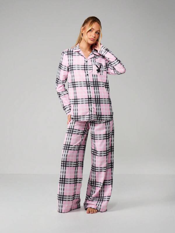 Missguided x Playboy Pink Plaid Long Sleeve Pajama Set