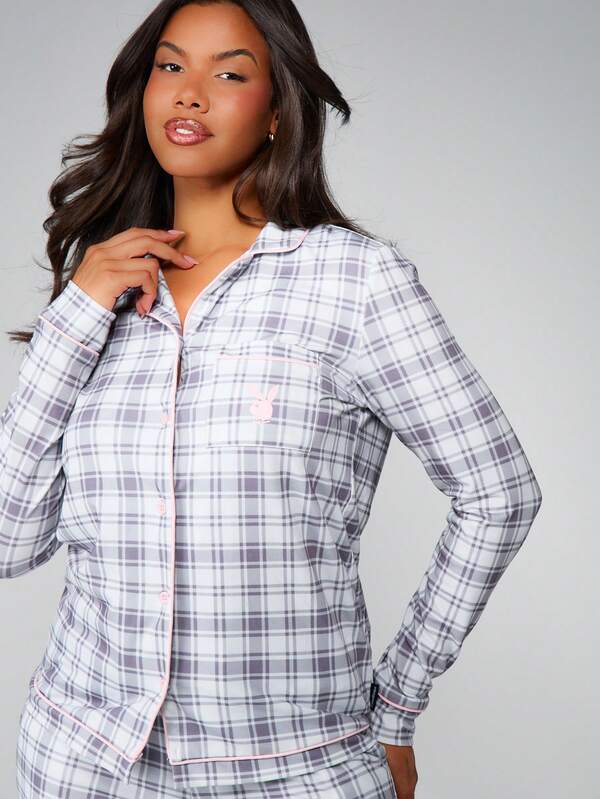 Missguided X Playboy Plaid Pajama Set With Button Front