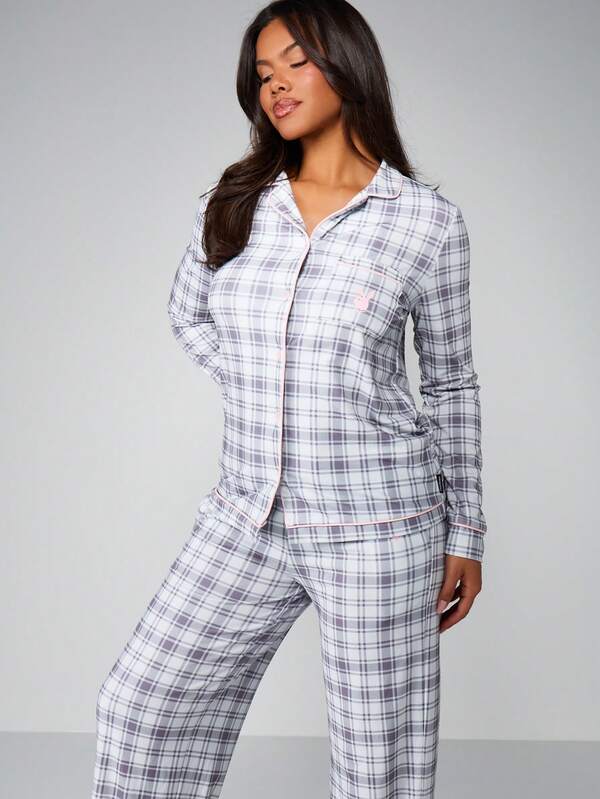 Missguided X Playboy Plaid Pajama Set With Button Front