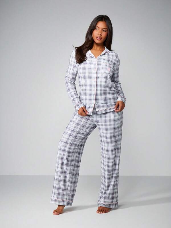Missguided x Playboy Plaid Pajama Set With Button Front