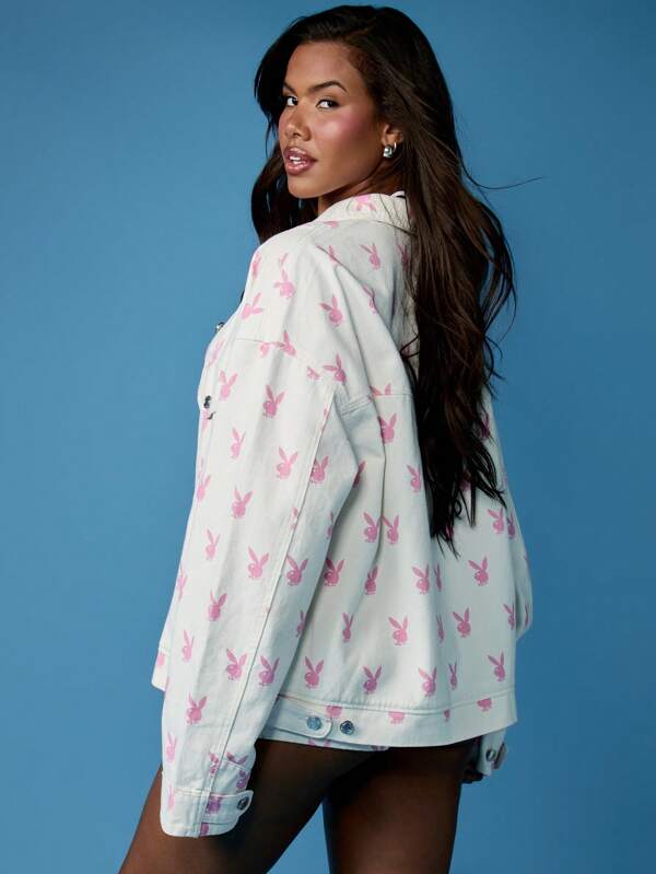Missguided X Playboy Playful Bunny Print Trucker Jacket Oversized Button Down