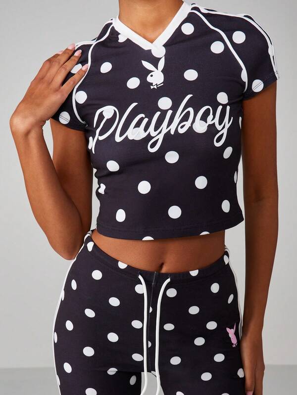 Missguided x Playboy Polka Dot Crop Top With V-Neck