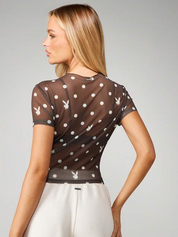 Missguided X Playboy Polka Dot Mesh Crop Top With Bunny Print