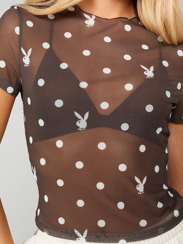 Missguided X Playboy Polka Dot Mesh Crop Top With Bunny Print