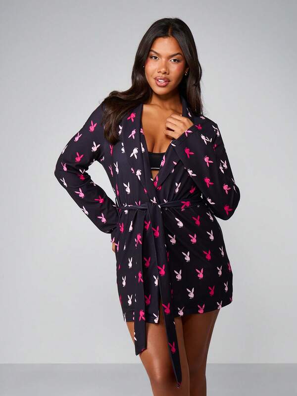 Missguided x Playboy Print Dressing Gown With Belt