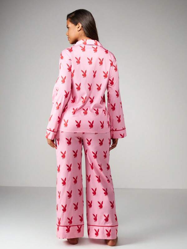 Missguided X Playboy Print Pajama Set With Button Up Top