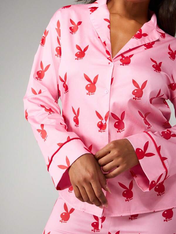 Missguided X Playboy Print Pajama Set With Button Up Top