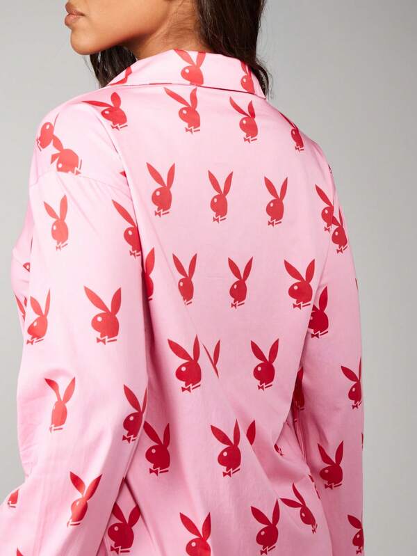 Missguided X Playboy Print Pajama Set With Button Up Top