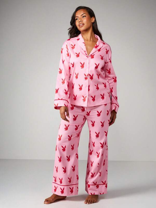 Missguided x Playboy Print Pajama Set With Button Up Top