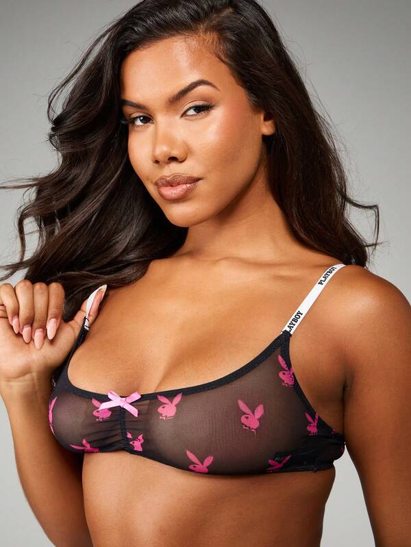 Missguided X Playboy Printed Mesh Bralette And Thong Set