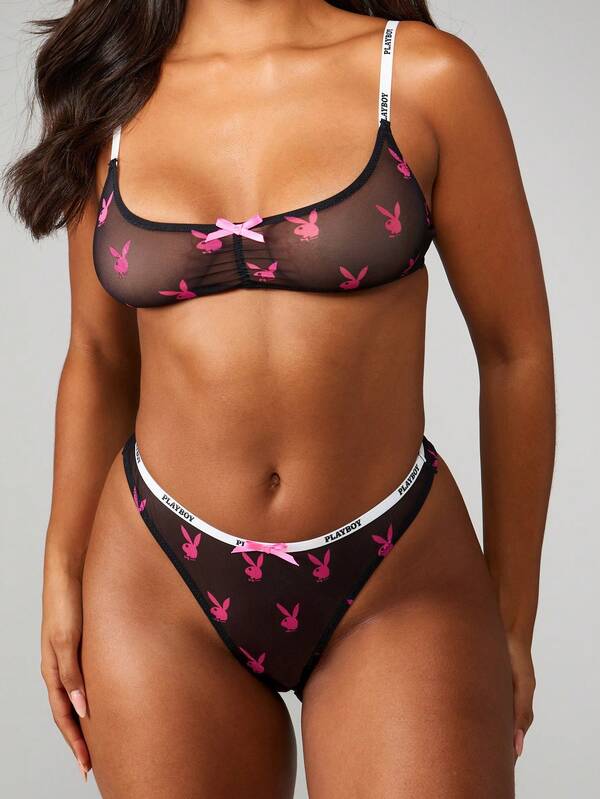 Missguided x Playboy Printed Mesh Bralette And Thong Set