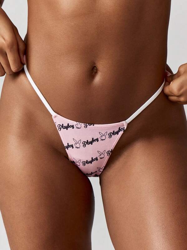 Missguided x Playboy Printed Thong Brief With Contrast Elastic Straps