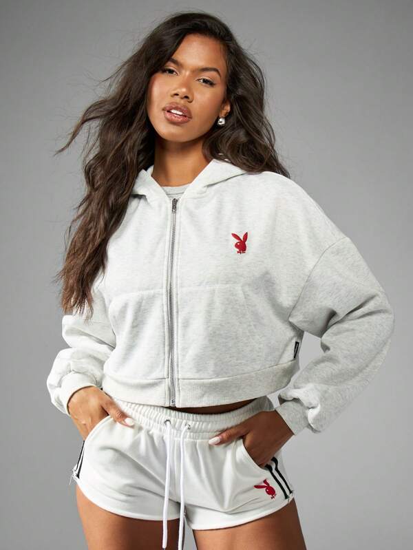 Missguided X Playboy Puff Print Cropped Zip Up Retro Style Long Sleeve Hoodie Sweatshirt