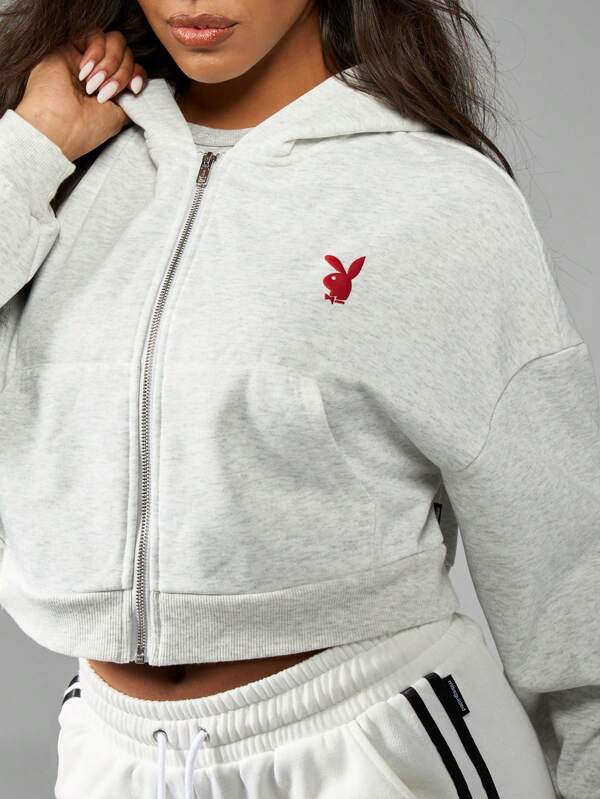 Missguided X Playboy Puff Print Cropped Zip Up Retro Style Long Sleeve Hoodie Sweatshirt