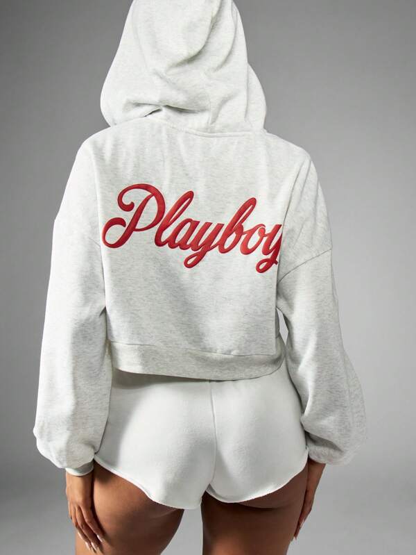 Missguided x Playboy Puff Print Cropped Zip Up Retro Style Long Sleeve Hoodie Sweatshirt