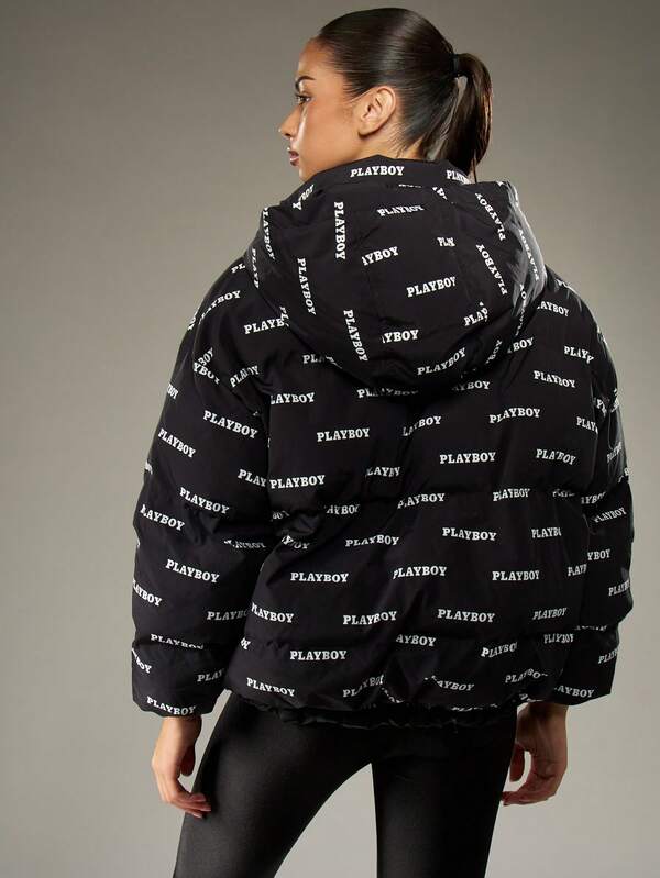 Missguided X Playboy Quilted Puffer Jacket With Hood And Logo Print