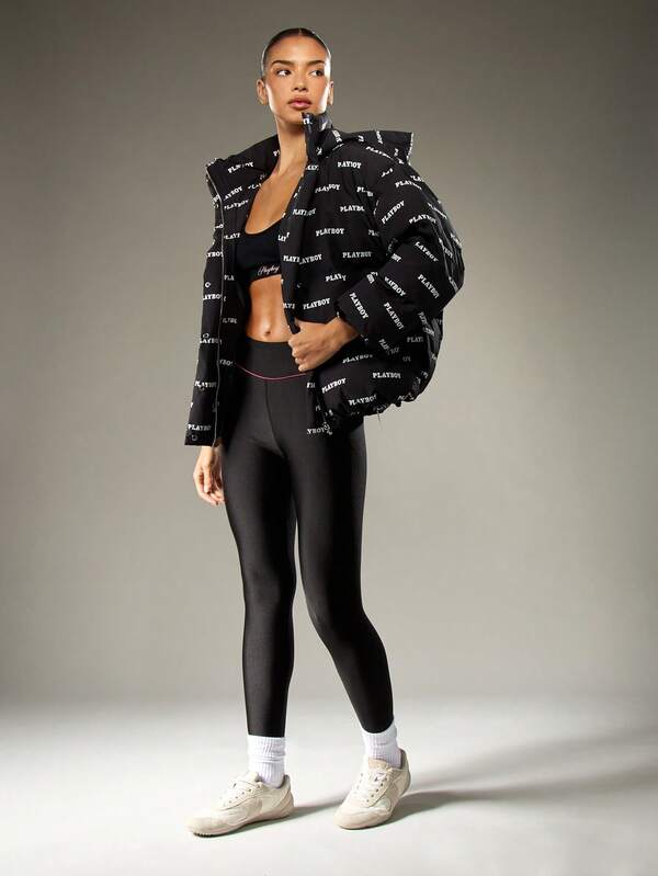 Missguided X Playboy Quilted Puffer Jacket With Hood And Logo Print