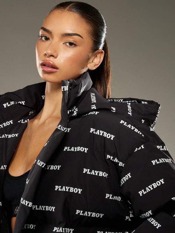 Missguided X Playboy Quilted Puffer Jacket With Hood And Logo Print