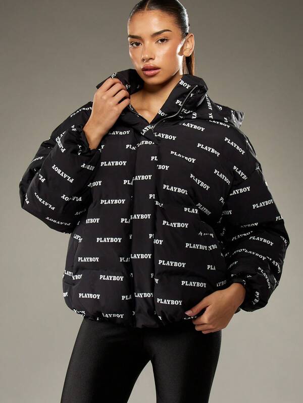 Missguided x Playboy Quilted Puffer Jacket With Hood And Logo Print