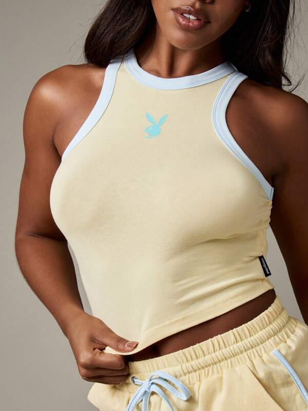 Missguided x Playboy Racerback Crop Tank With Logo Design And Contrast Trim
