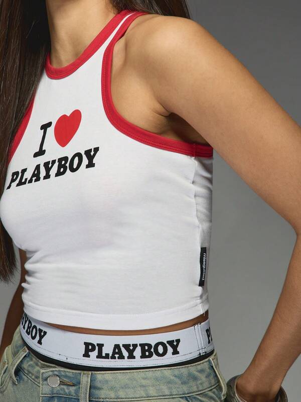 Missguided X Playboy Racerback Tank Top With Contrast Logo Print
