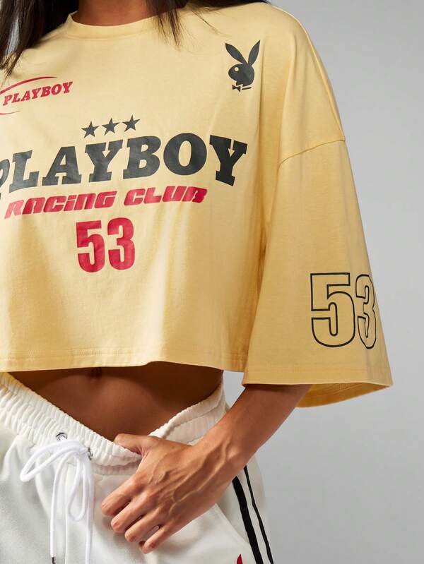 Missguided X Playboy Racing Club Crop T-Shirt With Checkered Flag Design