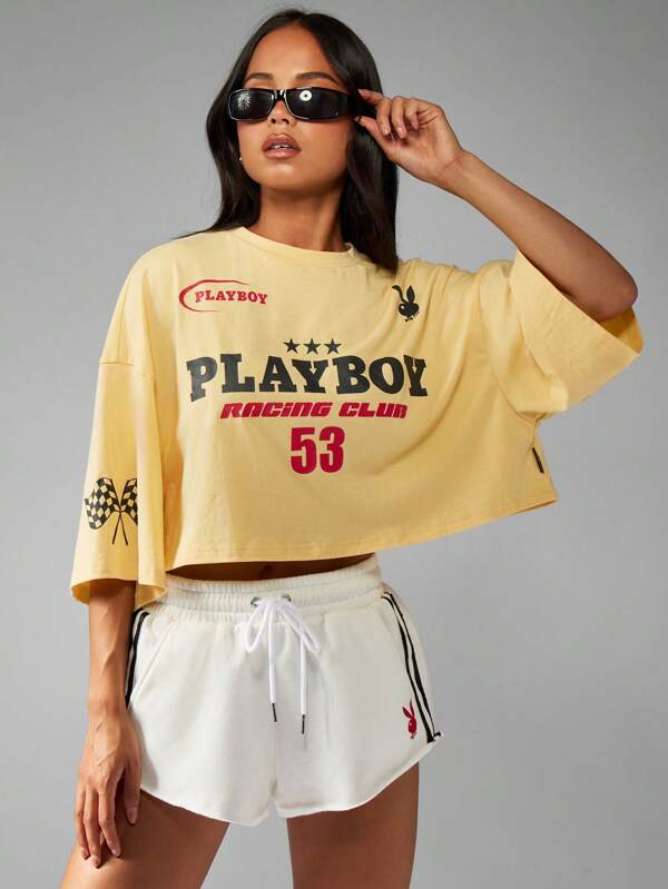 Missguided x Playboy Racing Club Crop T-Shirt With Checkered Flag Design