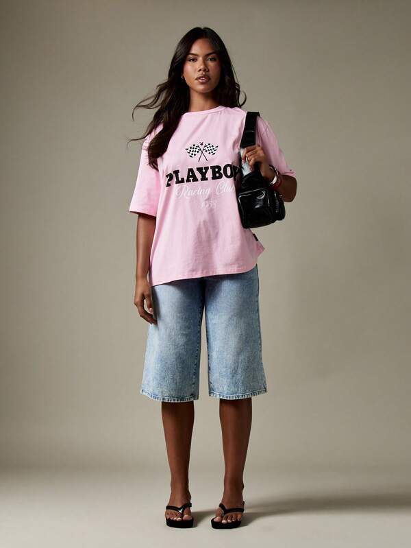 Missguided X Playboy Racing Club Graphic T Shirt With Checkered Flag Design