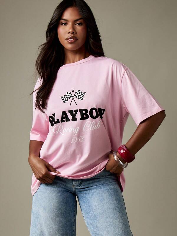 Missguided X Playboy Racing Club Graphic T Shirt With Checkered Flag Design