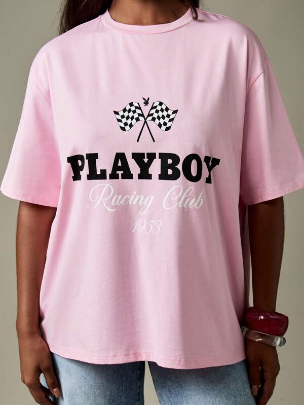 Missguided x Playboy Racing Club Graphic T Shirt With Checkered Flag Design