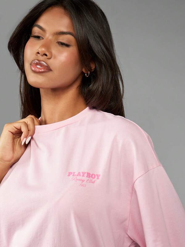 Missguided X Playboy Racing Club Motorsport Checkered Flag Graphic Oversized Women T-Shirts