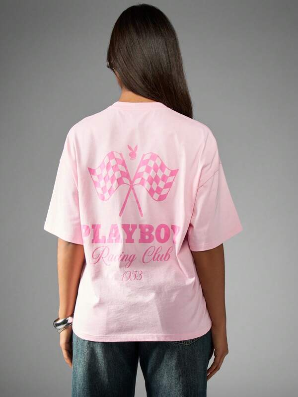 Missguided X Playboy Racing Club Motorsport Checkered Flag Graphic Oversized Women T-Shirts