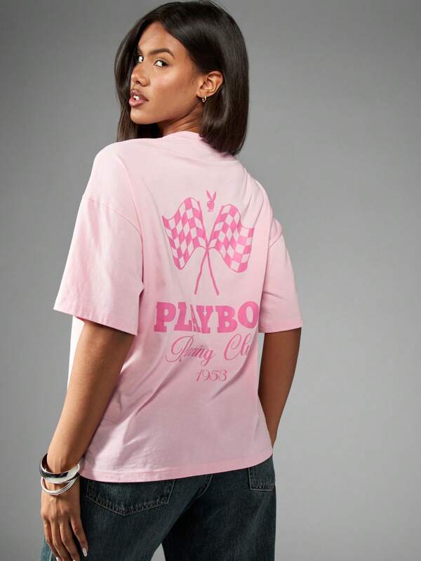 Missguided x Playboy Racing Club Motorsport Checkered Flag Graphic Oversized Women T-Shirts