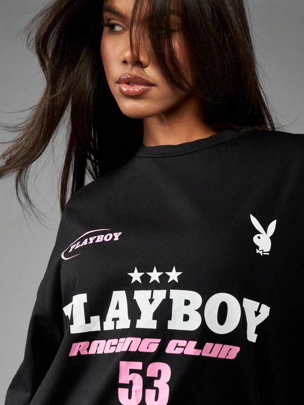 Missguided X Playboy Racing Club Motorsport Oversized Graphic Women T-Shirts