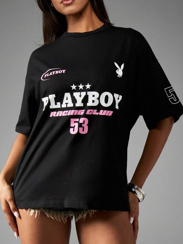 Missguided X Playboy Racing Club Motorsport Oversized Graphic Women T-Shirts