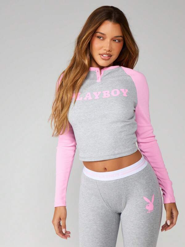 Missguided X Playboy Raglan Lounge Set With Long Sleeves