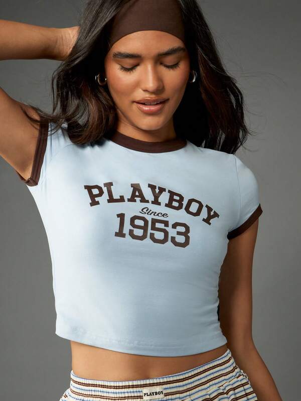 Missguided x Playboy Retro Baby Tee With Contrast Brown Trim And Varsity Print