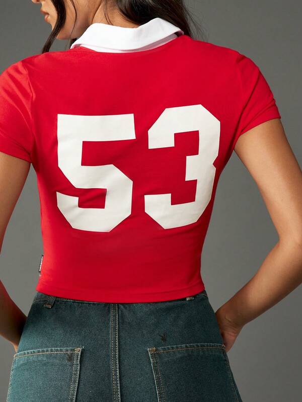 Missguided X Playboy Retro Collared Rugby Polo Crop Top With Number Print