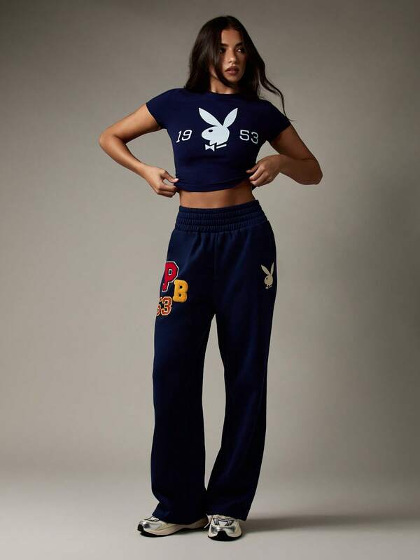 Missguided X Playboy Retro Collegiate Wide Leg Sweatpants Comfort Loungewear