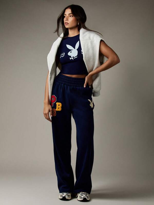 Missguided X Playboy Retro Collegiate Wide Leg Sweatpants Comfort Loungewear