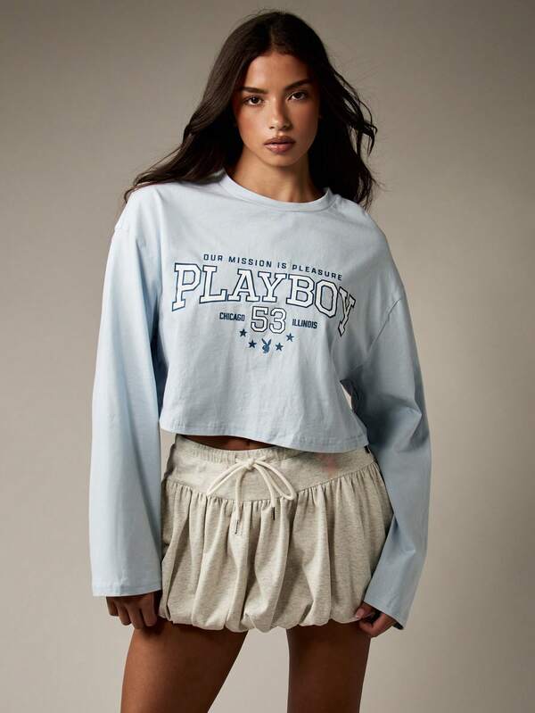 Missguided X Playboy Retro Graphic Crop Top With Long Sleeves And College Text