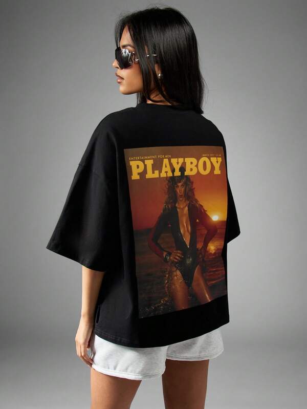 Missguided x Playboy Retro Oversized Graphic Print T-Shirt