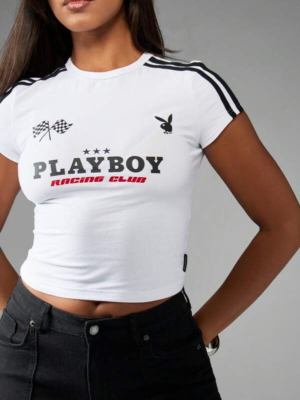 Missguided X Playboy Retro Racing Baby Tee Short Sleeve