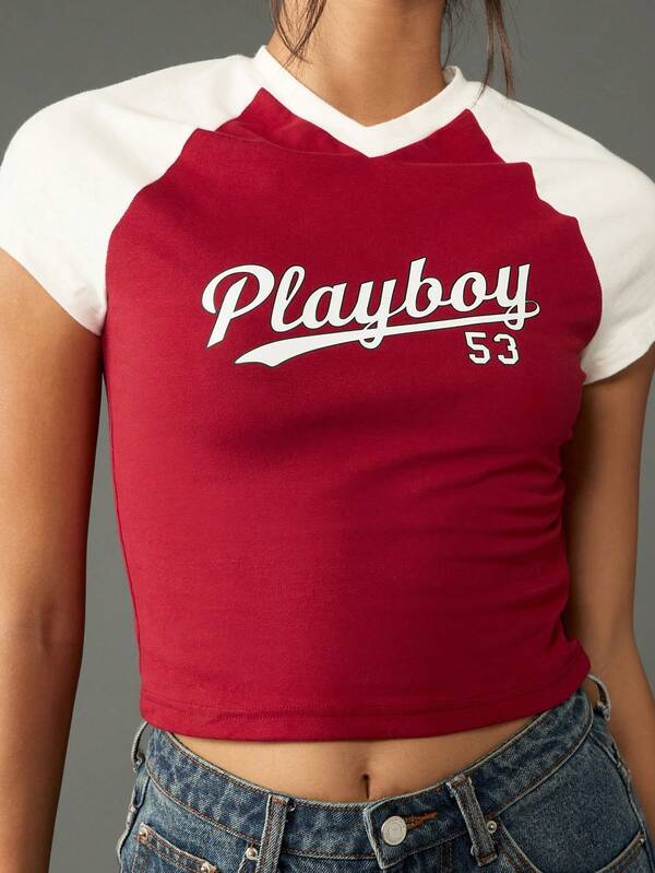 Missguided X Playboy Retro Raglan Sleeve Crop T Shirt With Varsity Print