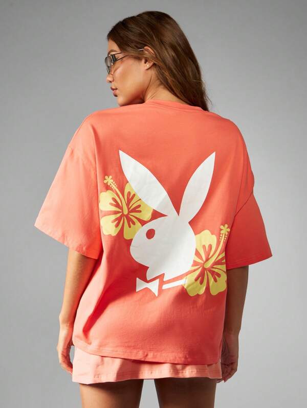 Missguided x Playboy Retro Resort Style Oversized Bunny And Hibiscus Print Casual T-Shirt