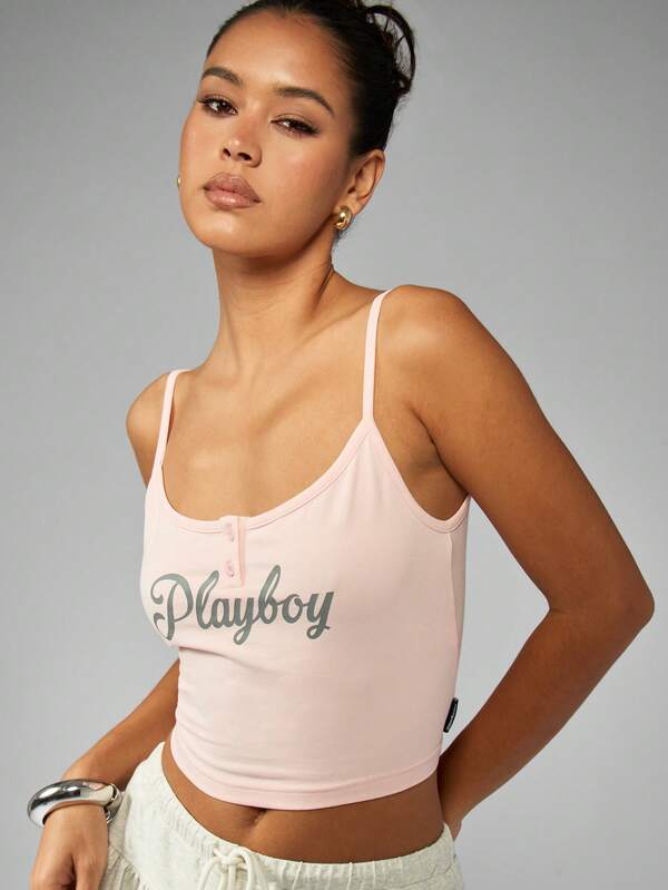 Missguided X Playboy Retro Style Crop Button Front Tank Top Cami