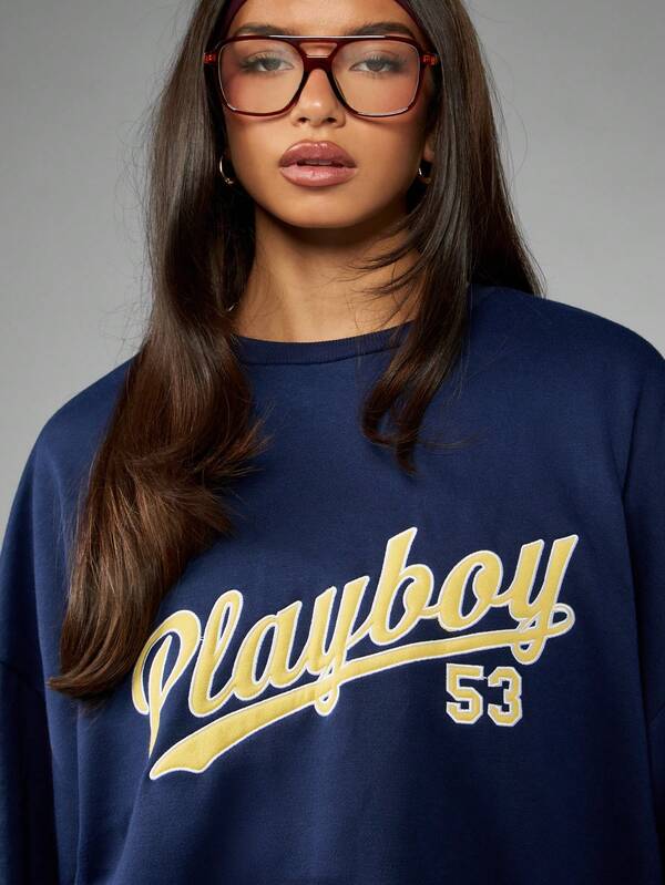 Missguided X Playboy Retro Varsity Sweatshirt With Graphic Print And Crew Neck