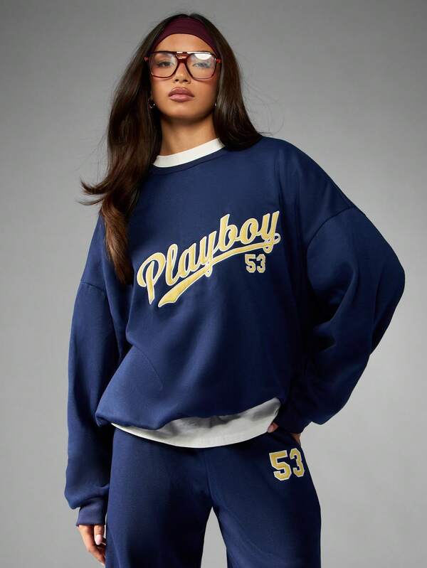 Missguided x Playboy Retro Varsity Sweatshirt With Graphic Print And Crew Neck